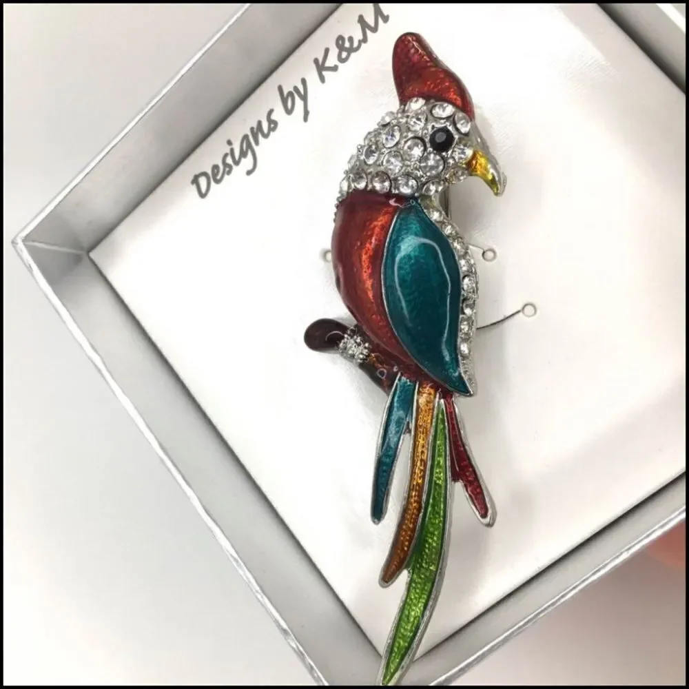 Enamel and Rhinestone Parrot Brooch